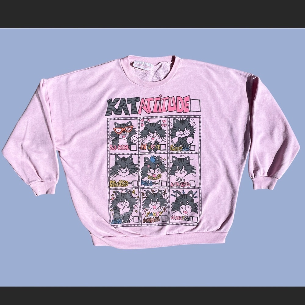 Vtg 80s KatAttitde Cat Sweatshirt S Pink Oversized Slouchy Cropped